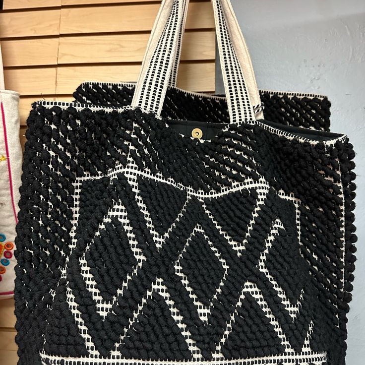 Nwt Camel Threads Tote. Hand Embroidered, Very Cute! Casual Embroidered Tote Beach Bag, Embroidered Crochet Tote Bag For Vacation, Bohemian Black Shoulder Bag For Beach Season, Black Bohemian Shoulder Bag For Beach Season, Handwoven Black Shoulder Bag For Beach Season, Black Handwoven Shoulder Bag For Beach Season, Casual Embroidered Beach Bag For Vacation, Black Handwoven Beach Bag For Vacation, Black Crochet Bag For Summer Shopping