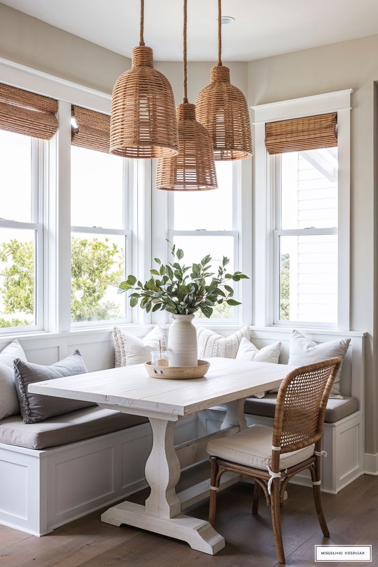 coastal style dinning room in a corner near window with rattan and white wooden furniture Modern Lake House Dining Room, Coastal Dining Chandeliers, Country Coastal Home, Coastal Modern Dining Room, Sunroom Dining Room Off Kitchen, Coastal Chic Interior Design, Coastal Dining Room Ideas, Lake House Dining Room, Coastal Farmhouse Dining Room