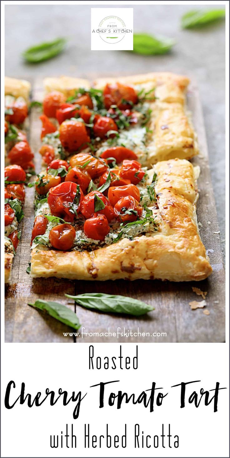 roasted cherry tomato tart with herb ricotta on a wooden cutting board and text overlay reading roasted cherry tomato tart with herb ricotta