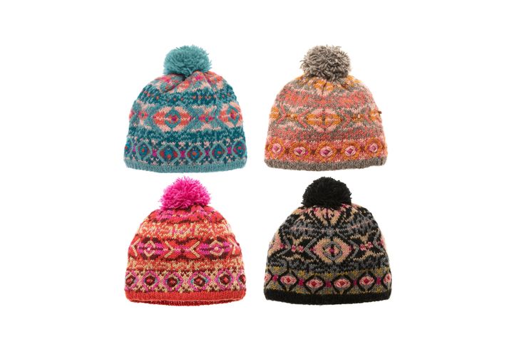 three knitted hats with pom - poms on each one and two different colors