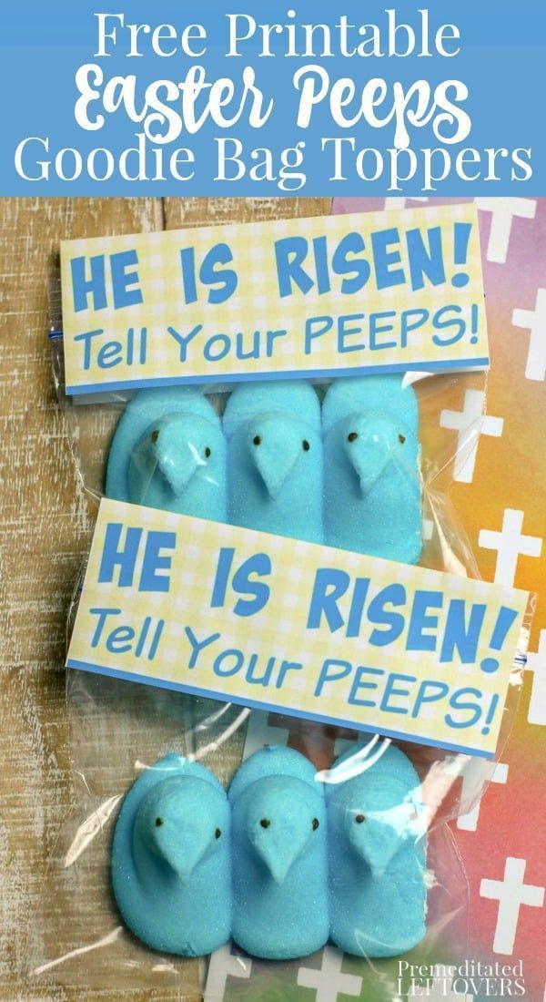 three blue pees in plastic bags with the text free printable easter pees goodie bag toppers