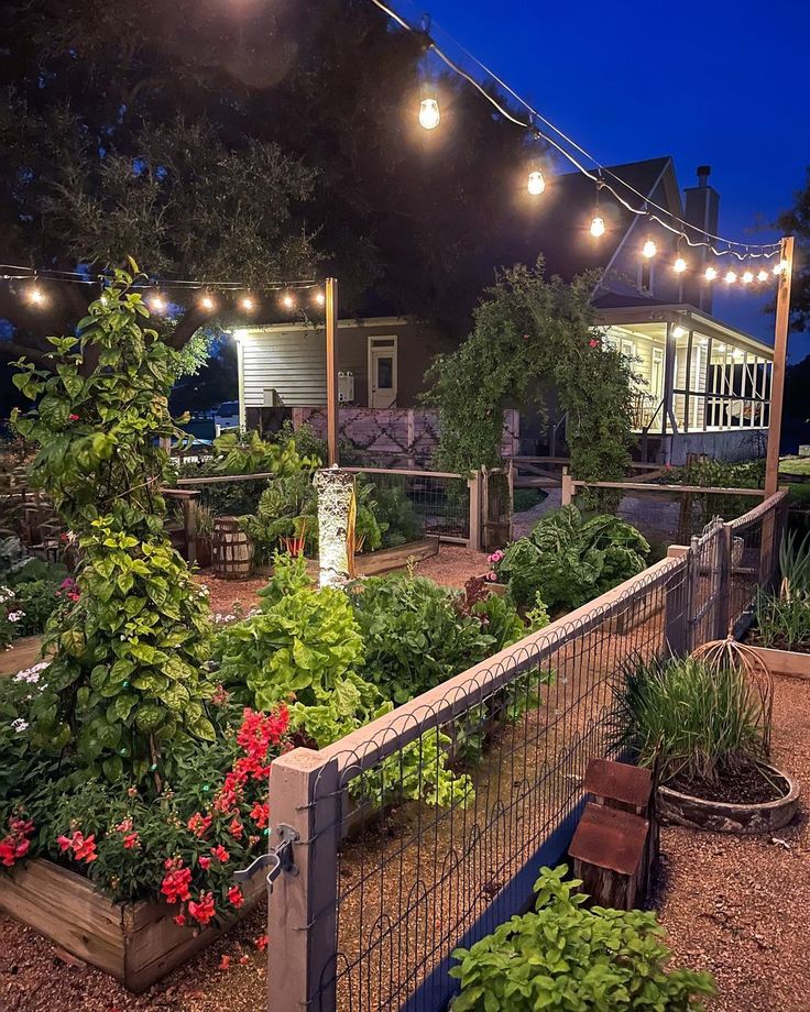 an outdoor garden with lots of plants and lights strung over the top of it at night