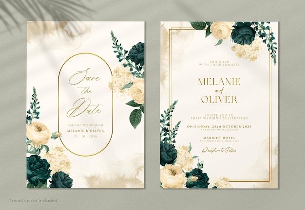 two wedding cards with flowers and greenery