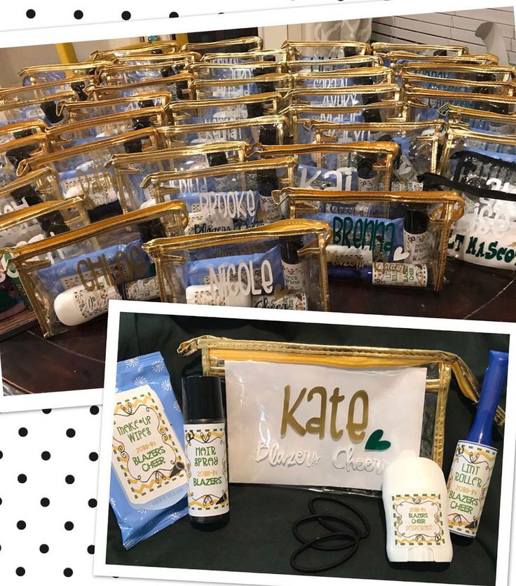 various items are displayed on a table with polka dots and gold frames, along with the name kate