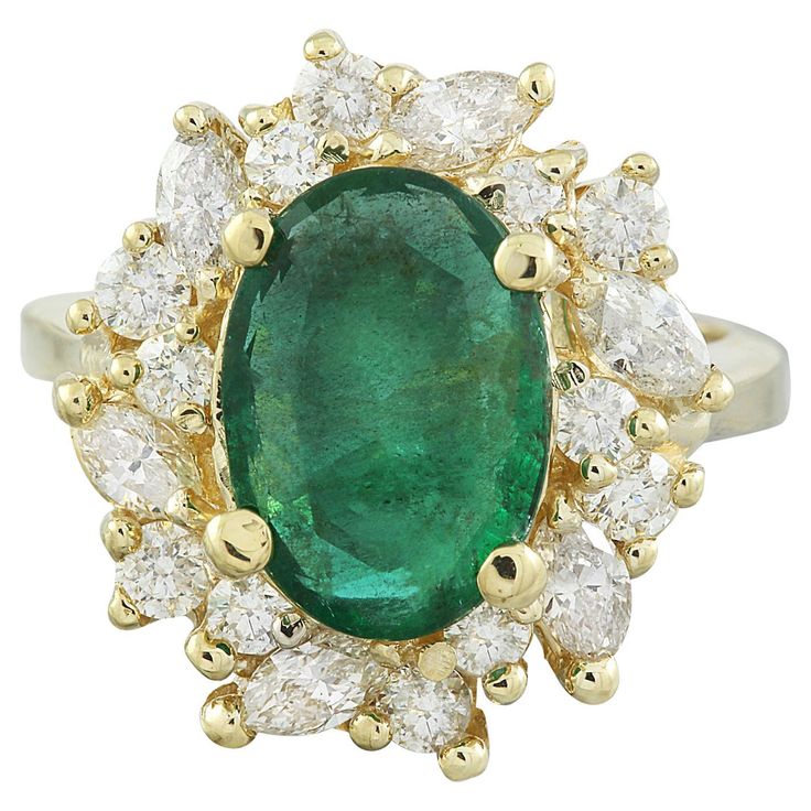 4.67 Carat Natural Emerald 14 Karat Solid Yellow Gold Diamond Ring Stamped: 14K Total Ring Weight: 8.1 Grams Emerald Weight 3.57 Carat (12.00x10.00 Millimeters) Diamond Weight: 1.10 carat (F-G Color, VS2-SI1 Clarity ) Face Measures: 19.15x18.00 Millimeter SKU: [600862] Luxury Cluster Emerald Ring In Yellow Gold, Luxury Yellow Gold Cluster Emerald Ring, Gia Certified Yellow Gold Cluster Ring, Gia Certified Marquise Yellow Gold Jewelry, Elegant Gold Gia Certified Gemstones, Elegant Gold Gemstones Gia Certified, Elegant Gia Certified Gold Gemstones, Formal Cluster Emerald Ring, Cluster Emerald Ring In Yellow Gold With 17 Jewels