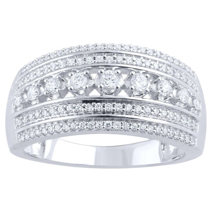 a white gold ring set with round cut diamonds