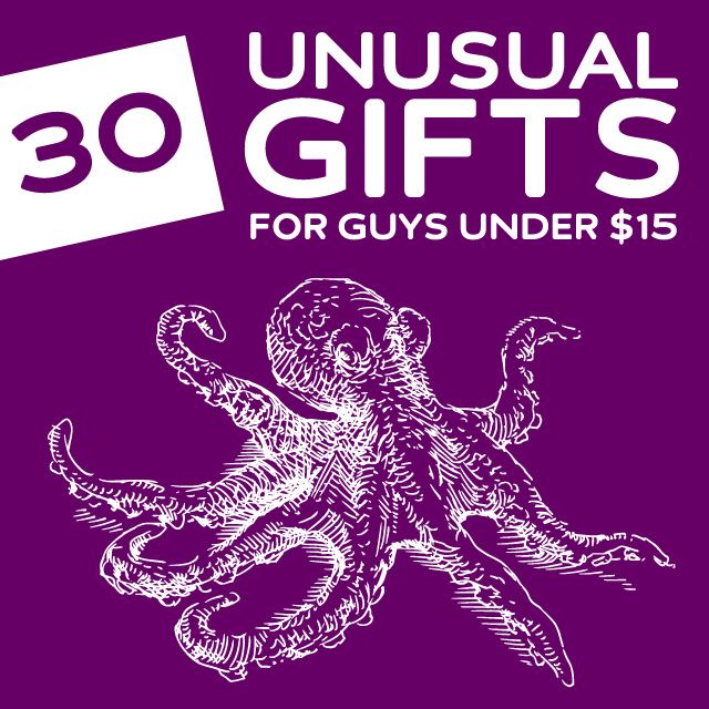 an octopus with the words unusual gifts for guys under $ 15 on it's purple background