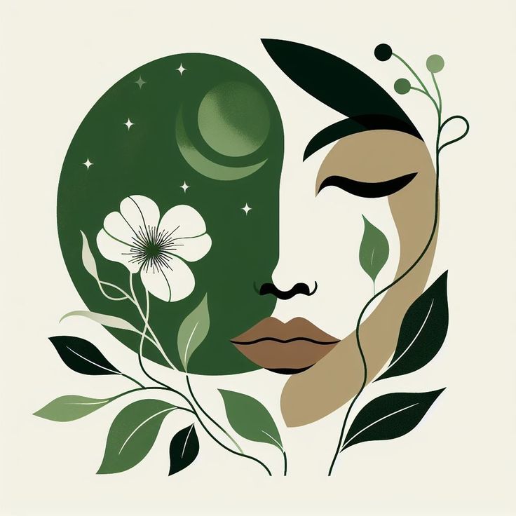 a woman's face with green leaves and flowers on her face, surrounded by stars