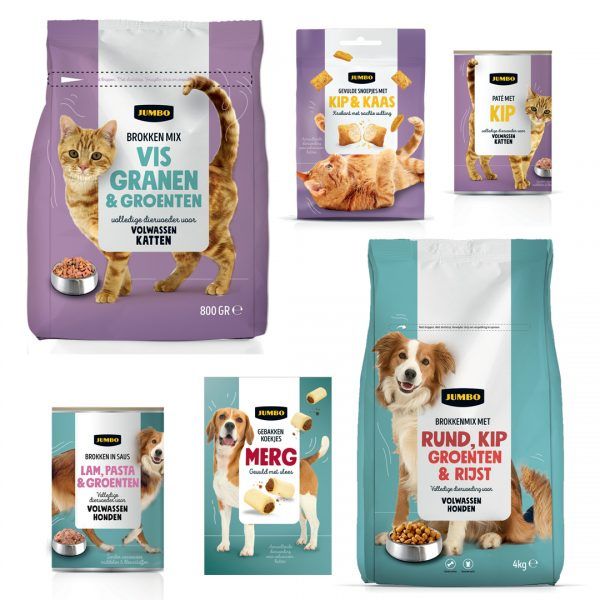 an assortment of cat and dog food products