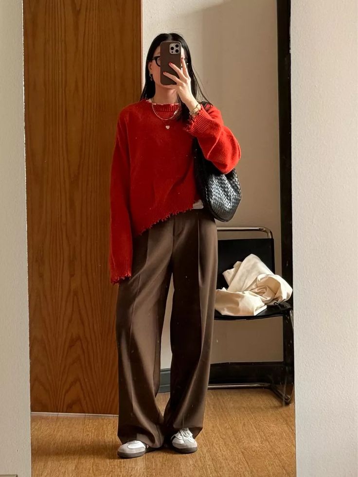 cationz on LTK Brown Trousers Outfit, Red Sweater Outfit, Brown Pants Outfit, Modesty Outfits, Look Formal, Brown Outfit, Easy Trendy Outfits, Brown Pants, Red Sweater