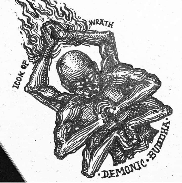 an ink drawing of a skeleton holding a burning candle with the caption, how do we write demonic messages?