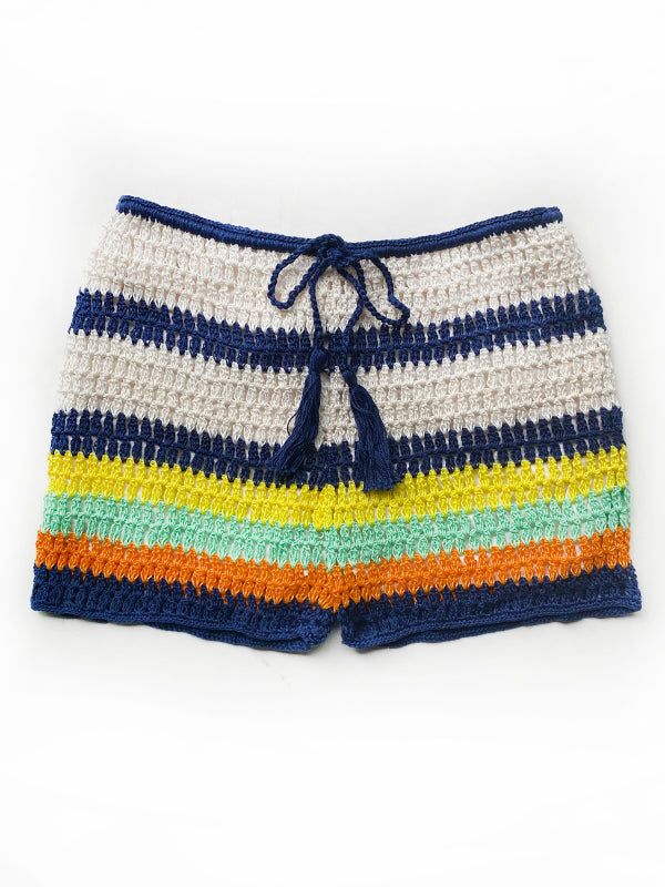 Women's Crochet Shorts | Baja Shorts | Anna Kosturova - annakosturova Multicolor Beachy Bottoms For Festival, Bohemian Drawstring Shorts For Beach Season, Crochet Beachwear Bottoms For Festival, Beachwear Crochet Bottoms For Festivals, Hippie Multicolor Shorts For Beach, Hippie Multicolor Shorts For The Beach, Hippie Multicolor Beach Shorts, Bohemian Crochet Shorts For Beach Season, Handmade Cotton Beach Bottoms