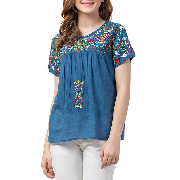 Raj Roshni Embroidered Blouse From the sea to the shore and all the places in between. This blouse resonates in a season that's full of swelter. Top it over shorts and skirt for impeccable chic and ease. Embroidered Hem Top For Summer Vacation, Casual Beach Tops With Embroidered Hem, Casual Floral Embroidered Top For Summer, Multicolor Embroidered Tops For Beach, Multicolor Embroidered Top With Hem For Vacation, Summer Multicolor Embroidered Top With Embroidered Hem, Multicolor Embroidered Crew Neck Top For Summer, Summer Cotton Top With Embroidered Hem, Summer Embroidered Top With Short Sleeves And Neckline Design