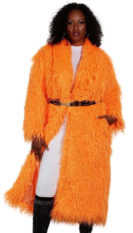 Introducing the Luxe Moda LM230 Church Coat, a garment that effortlessly combines style with comfort. This magnificent coat features a striking orange hue that is sure to turn heads and add a pop of color to any ensemble. Crafted from premium faux fur, the texture is both luxurious and eco-friendly, making it an exquisite choice for fashion-forward individuals. Designed to fall at a flattering mid-length, this coat provides ample coverage while still maintaining a sleek silhouette. Its loose fit ensures a comfortable wearing experience without restricting movement, making it perfect for a variety of occasions from formal church services to festive evening events. The open front and soft inner lining enhance the coat's cozy feel, while side pockets add a practical touch, allowing you to kee Fur Design, Sleek Dress, Church Suits, Church Service, Tailored Trousers, Mid Length, Fashion Forward, Faux Fur, Color Pop