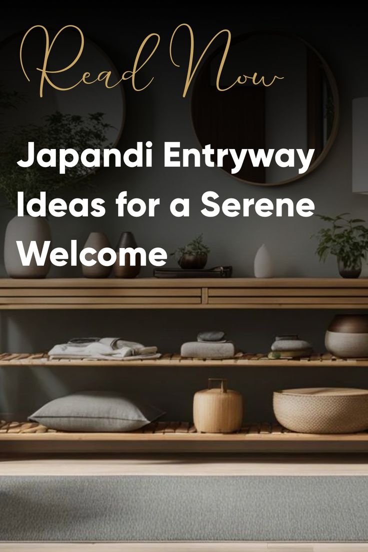 the words read japan entryway ideas for a serene welcome are displayed in front of an open shelf