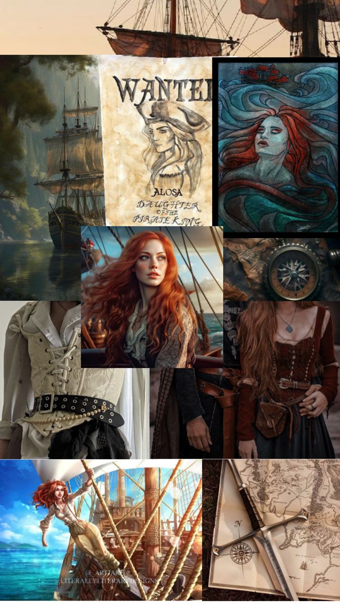 a collage of photos with an image of a woman in pirate clothing and other items