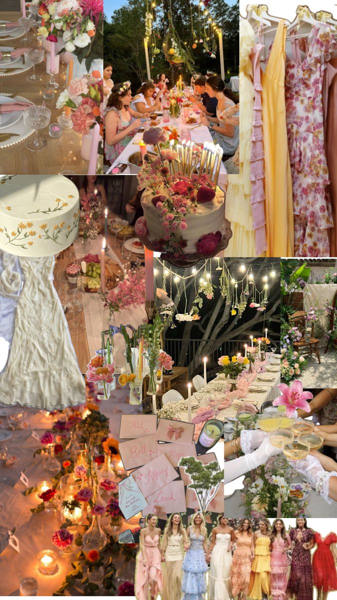 a collage of photos with dresses, candles and flowers on display at an outdoor event