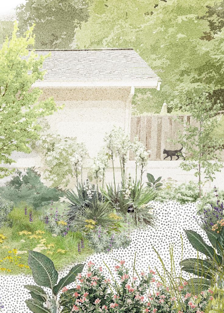 a painting of a garden with lots of flowers and plants in the foreground is a house