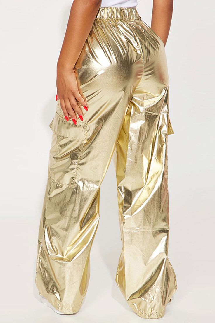 Drawstrings parashute long pants, shiny casual cargo pants Fabric: 95% polyester, 5% spandex Weight: 0.45 lb Patchwork Trousers, Pants Design, High Waisted Trousers, Gold Fashion, Glamorous Evening Gowns, Fashion Pants, Cargo Pants, Fashion Nova, Trendy Fashion