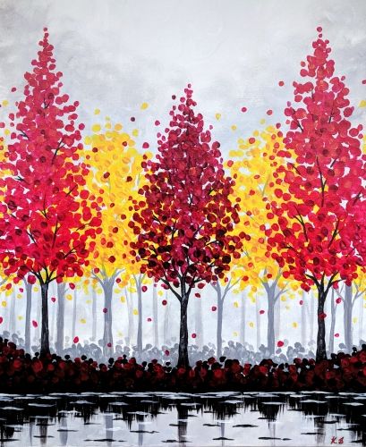 a painting of trees with red and yellow leaves