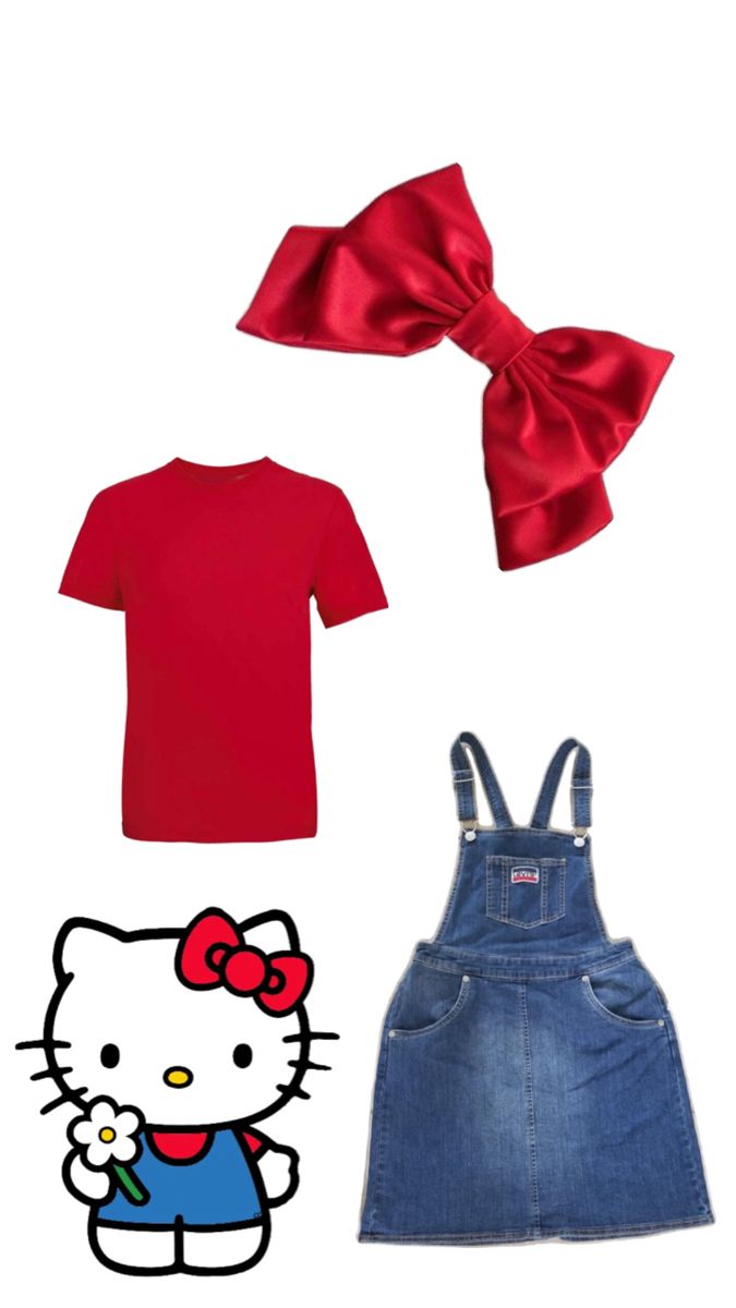 a hello kitty outfit with a red bow and denim overalls