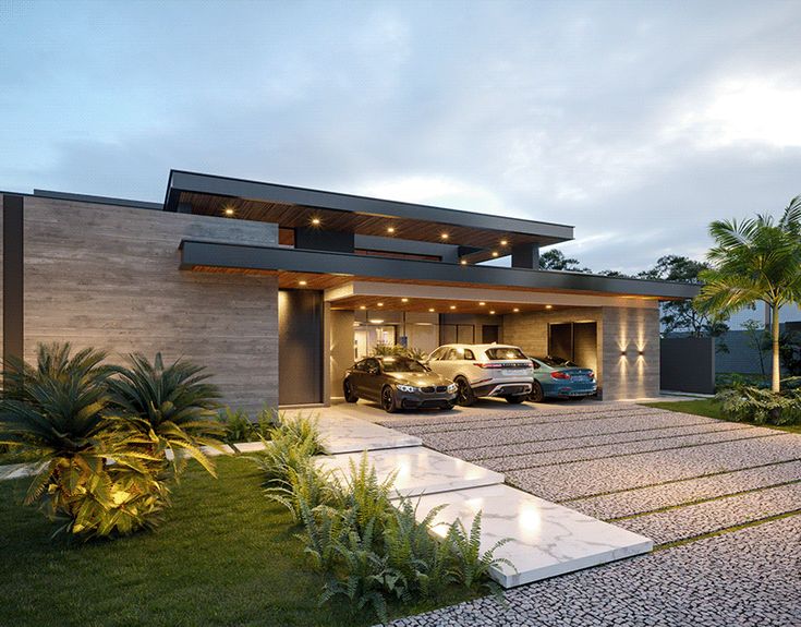 two cars are parked in front of a modern house with driveway and palm trees at dusk