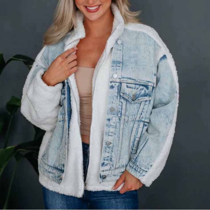 Sherpa Denim Jacket Lightwashed. Slightly Oversized Or ��“Relaxed Fit”. Selling Because It’s Too Big On My But It’s So Cute! I Paid Full Price $110 Plus Shipping & Taxes. Oversized White Denim Jacket, Sherpa Denim Jacket, White Denim Jacket, White Denim, Coats Jackets Women, Jean Coat, Jean Jacket, So Cute, Coats For Women