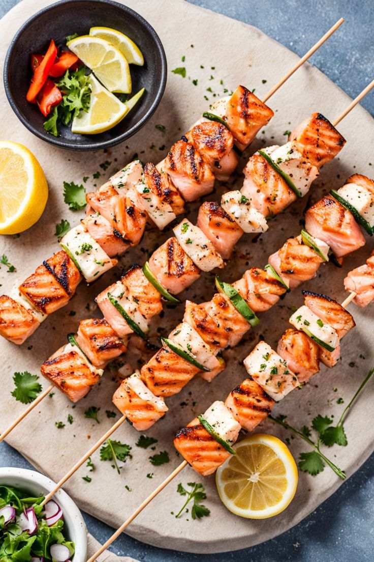 several skewers of grilled salmon and vegetables on a platter with lemon wedges