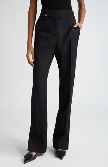 Crisp creases further the polished look of these high-waisted wool straight-leg pants designed with long slits at the hems. 34 1/2" inseam; 17" leg opening; 13 3/4" front rise; 16 1/2" back rise (size 42 FR) Zip fly with hook-and-bar closure Front slant pockets; back welt pockets 100% wool Dry clean Made in Bulgaria Designer Clothing Luxury Black Wool Bottoms, Tailored Black Pants With Button Closure, Jacquemus Trousers, Luxury Washed Black Straight Leg Pants, Black High-cut Leg Elastane Pants, Womens Watches Luxury, Wool Trousers, Wool Pants, Pants Design