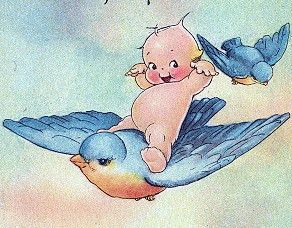 there is a baby on the back of a bird with two blue birds flying around