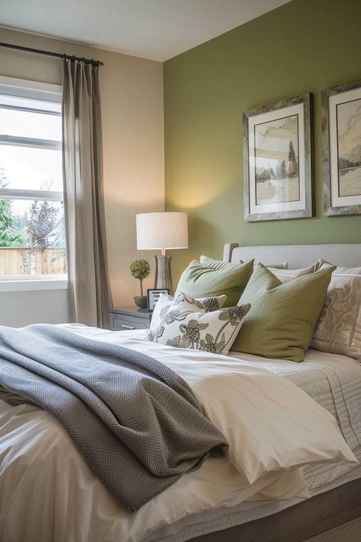 a bedroom with green walls and white bedding, two framed pictures on the wall