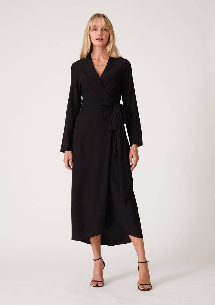 Super soft rayon wrap dress. Long sleeve midi wrap dress with a slip-on design, long sleeves, v-neckline, and a side tie closure. The perfect evening dress for any occasion. Rayon Wrap Dress, Elegant Wrap Dress, Long Wrap Dress, Bohemian Wrap, Night Style, Resort Dresses, Midi Wrap Dress, Elegant Drapes, Black Wrap