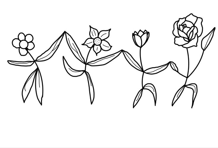 flowers are drawn in black and white on a white background