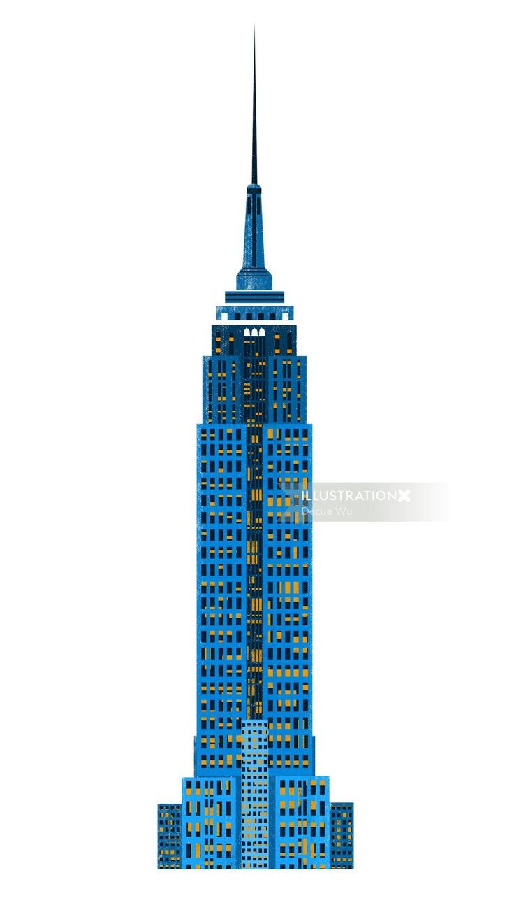 the empire building in new york city is blue and has yellow lights on it's top