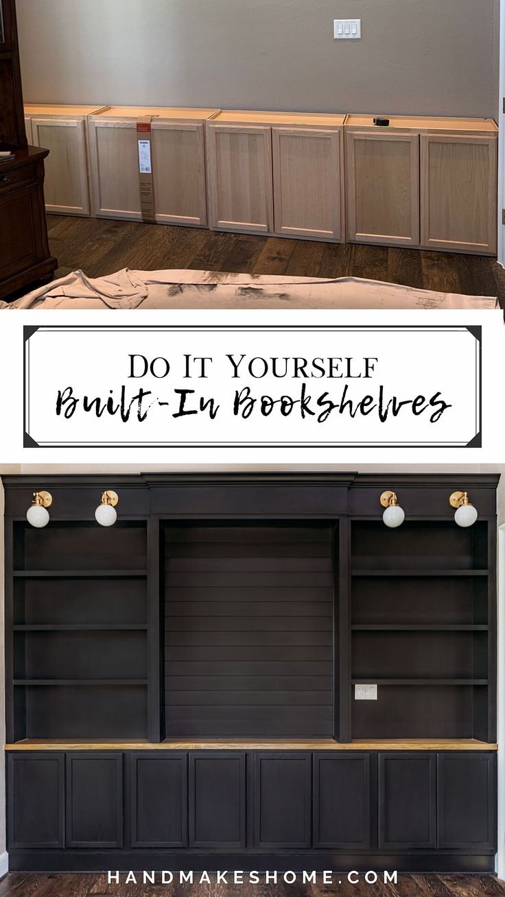 the before and after pictures of built in bookshelves with text overlay that says do it yourself