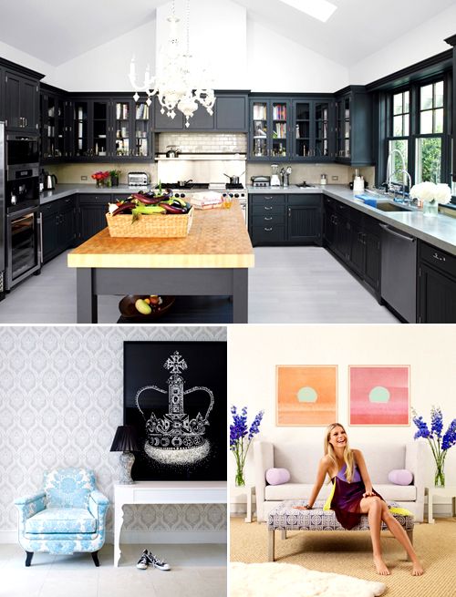 a woman sitting on a bench in a kitchen next to a living room and dining area