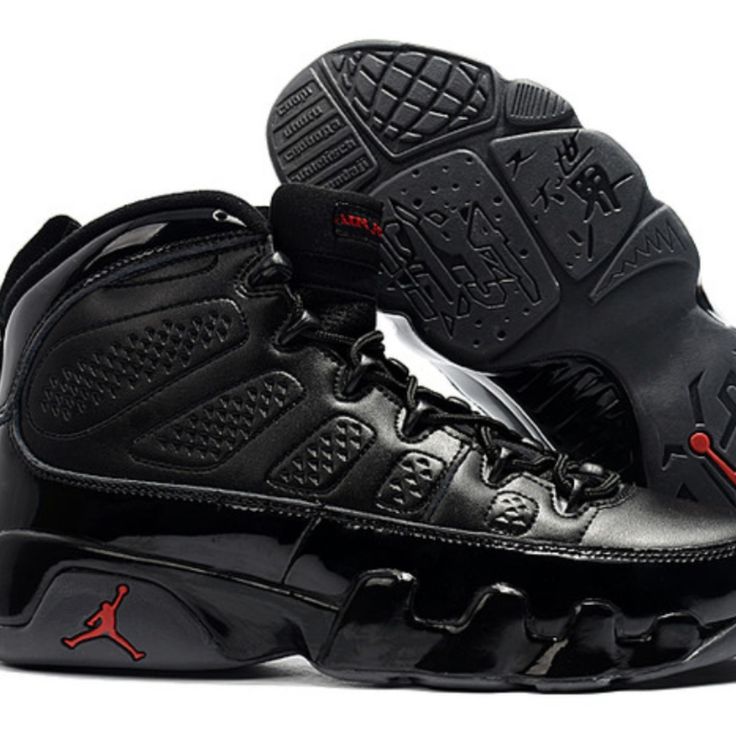 Jordan 9 Black Leather Lace-up Jordan Shoes, Classic Black Jordan Shoes With Rubber Sole, Leather Jordan Shoes With Studded Rubber Outsoles, Black Basketball Shoes With Studded Outsoles For Streetwear, Classic Black Jordan Shoes For Streetwear, Classic Black Low-top Jordan Shoes, Classic Black Basketball Shoes With Boost Midsole, Black High-top Leather Basketball Shoes, Classic Black Custom Sneakers With Studded Outsoles