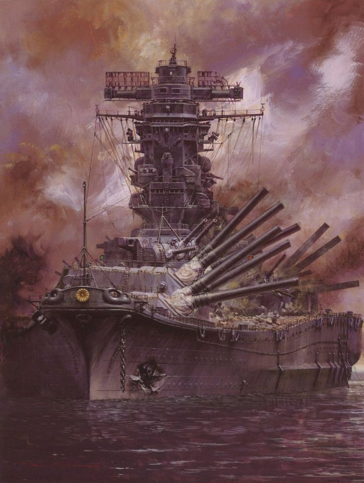 an oil painting of a battleship in the water