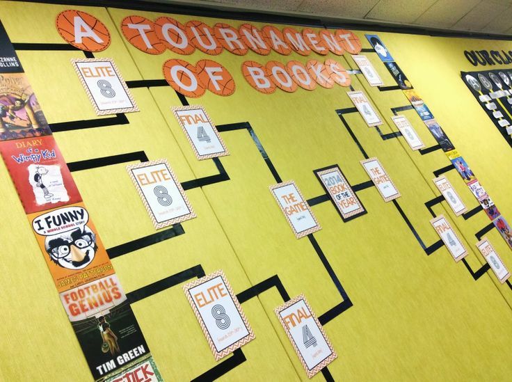 a bulletin board with several different types of books attached to it and the words tournament of books written on them