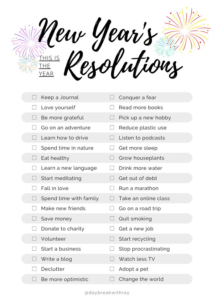 new year's resolution checklist with fireworks in the background