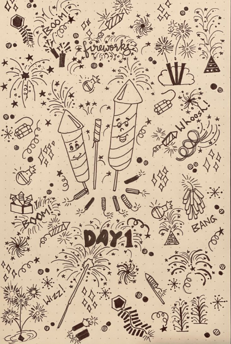 a drawing with fireworks and confetti on it