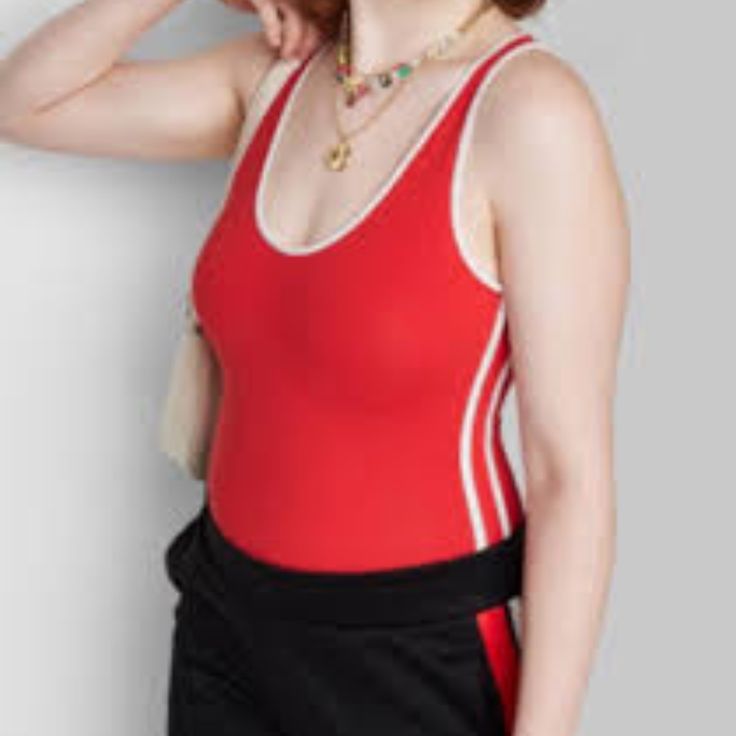 New Size Xl Red Sporty Swimwear For Spring, Red Casual Bodysuit For Spring, Casual Red Bodysuit For Spring, Red Stretch Sporty Bodysuit, Casual Red Fitted Swimwear, Casual Fitted Red Swimwear, Red Fitted Sporty Bodysuit, White Halter Bodysuit, Scoop Back Bodysuit