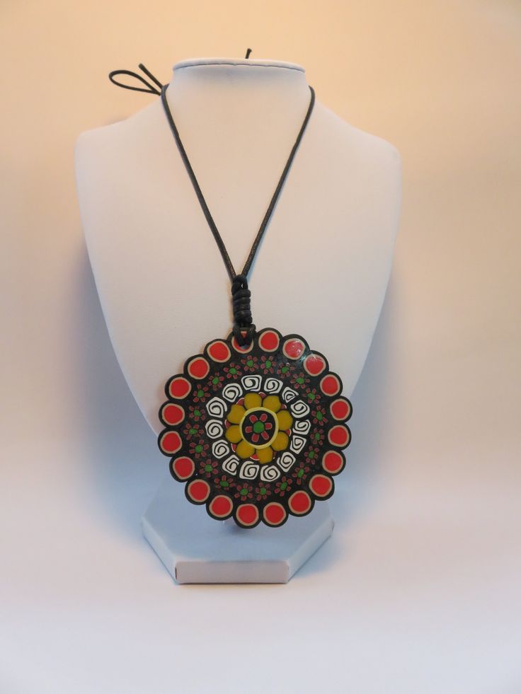 This is completely handmade necklace from polymer clay.  35 cm length Multicolor Circle Necklace Gift, Multicolor Circle Necklace For Gift, Handmade Red Flower Necklace Adjustable, Handmade Adjustable Red Flower Necklace, Handmade Red Flower Necklace With Adjustable Fit, Handmade Polymer Clay Round Pendant Necklace, Handmade Black Medallion Necklace, Handmade Round Polymer Clay Pendant Necklace, Bohemian Handmade Circle Necklace