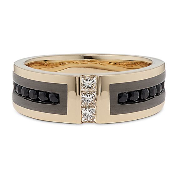 a wedding ring with black and white diamonds on the side, set in 18k yellow gold