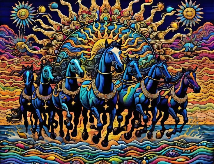 a group of horses running across a body of water with sun in the sky behind them