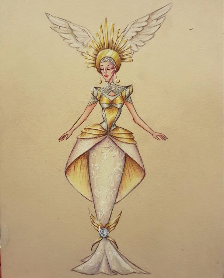 a drawing of a woman dressed in gold and white with wings on her head, standing