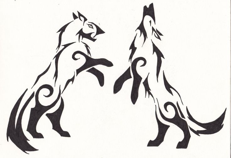 two black and white drawings of dogs facing each other with their tails curled up in the air