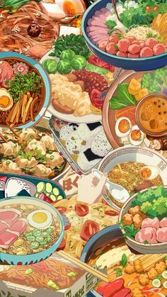 an image of many different food dishes on the table with chopsticks in them