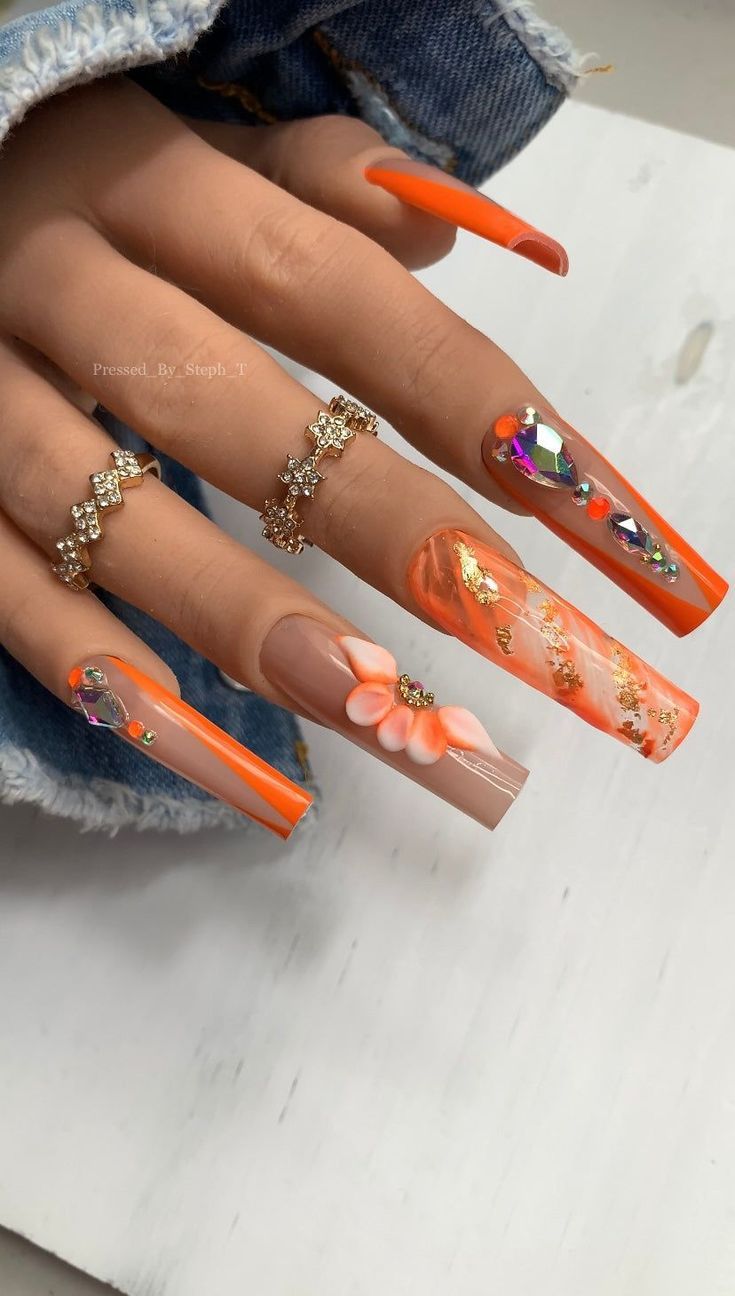 99 New ideas Spring Nail 2024 | Beach Nails Art 2024 | Spring Nail Design Summer Natural Nails 2024, Orange Nails 3d Flowers, 2024 Nail Summer Trends, Coffin Style Nails Summer, Orange Stilleto Nails Long, Pastel Marble Nail Art, Orangy Red Nails, Glam Acrylic Nails Bling, Vacation Nails Inspiration