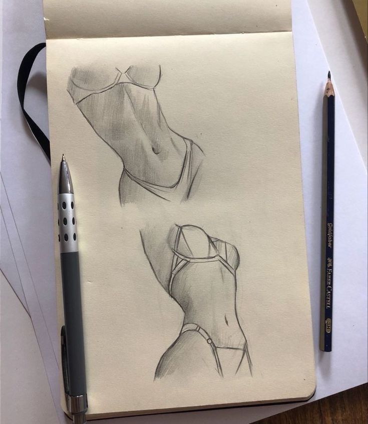 two drawings of women's bras and pencil on paper